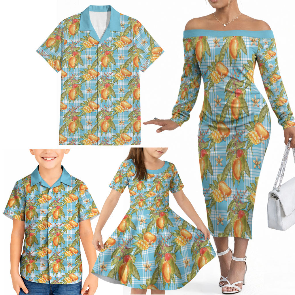 Vintage Hawaii Mango Family Matching Off The Shoulder Long Sleeve Dress and Hawaiian Shirt Blue Hawaiian Palaka