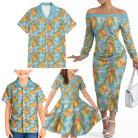 Vintage Hawaii Mango Family Matching Off The Shoulder Long Sleeve Dress and Hawaiian Shirt Blue Hawaiian Palaka
