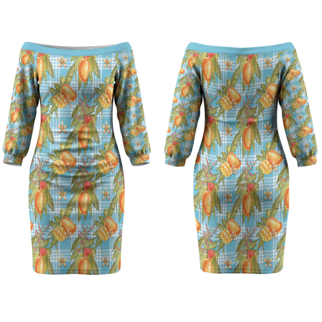 Vintage Hawaii Mango Family Matching Off The Shoulder Long Sleeve Dress and Hawaiian Shirt Blue Hawaiian Palaka