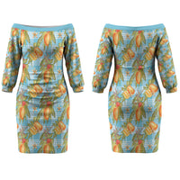 Vintage Hawaii Mango Family Matching Off The Shoulder Long Sleeve Dress and Hawaiian Shirt Blue Hawaiian Palaka