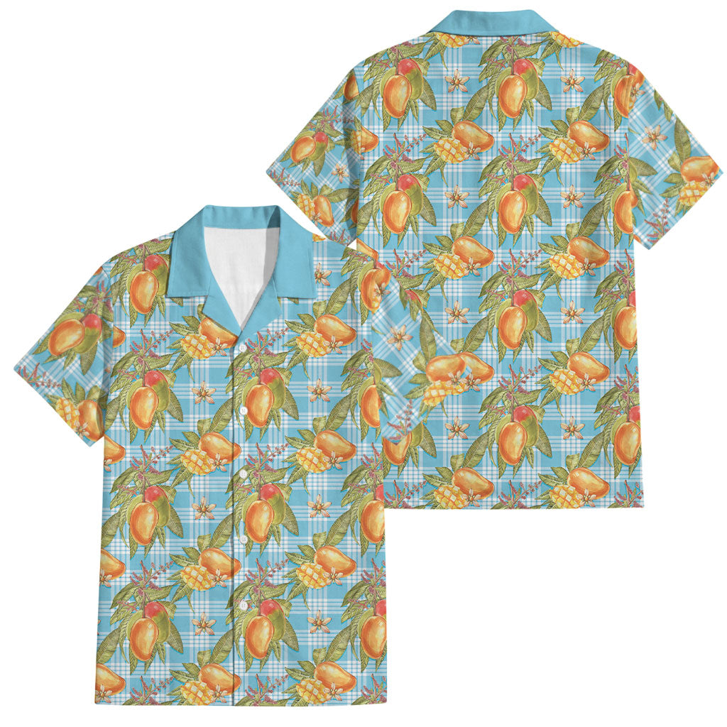 Vintage Hawaii Mango Family Matching Off Shoulder Maxi Dress and Hawaiian Shirt Blue Hawaiian Palaka
