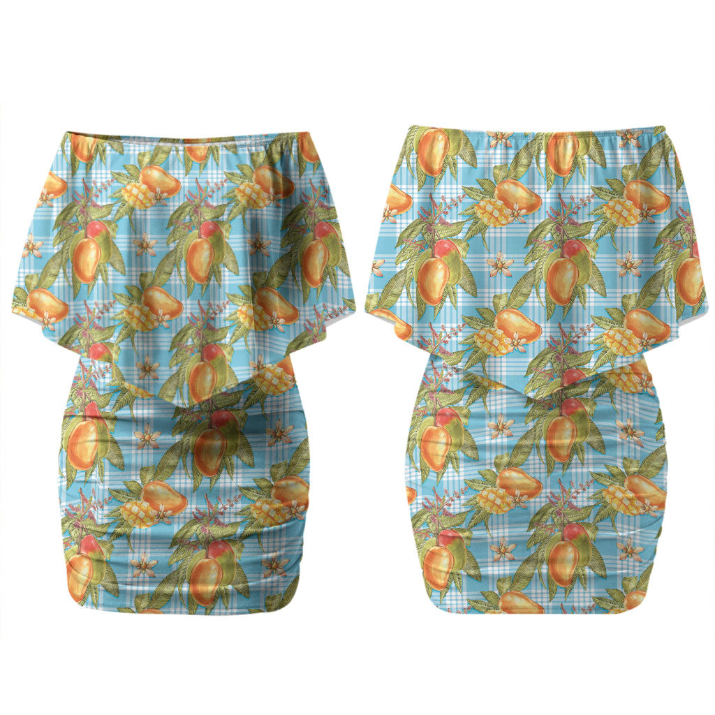 Vintage Hawaii Mango Family Matching Off Shoulder Short Dress and Hawaiian Shirt Blue Hawaiian Palaka
