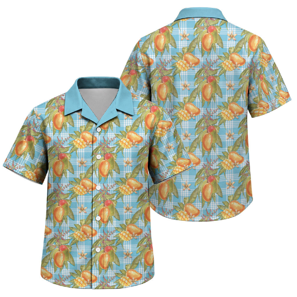 Vintage Hawaii Mango Family Matching Off Shoulder Short Dress and Hawaiian Shirt Blue Hawaiian Palaka