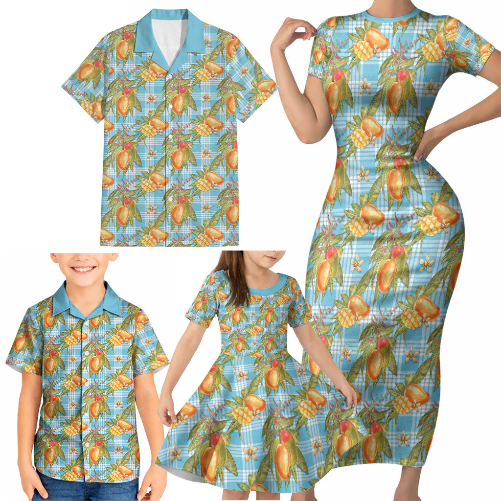 Vintage Hawaii Mango Family Matching Short Sleeve Bodycon Dress and Hawaiian Shirt Blue Hawaiian Palaka
