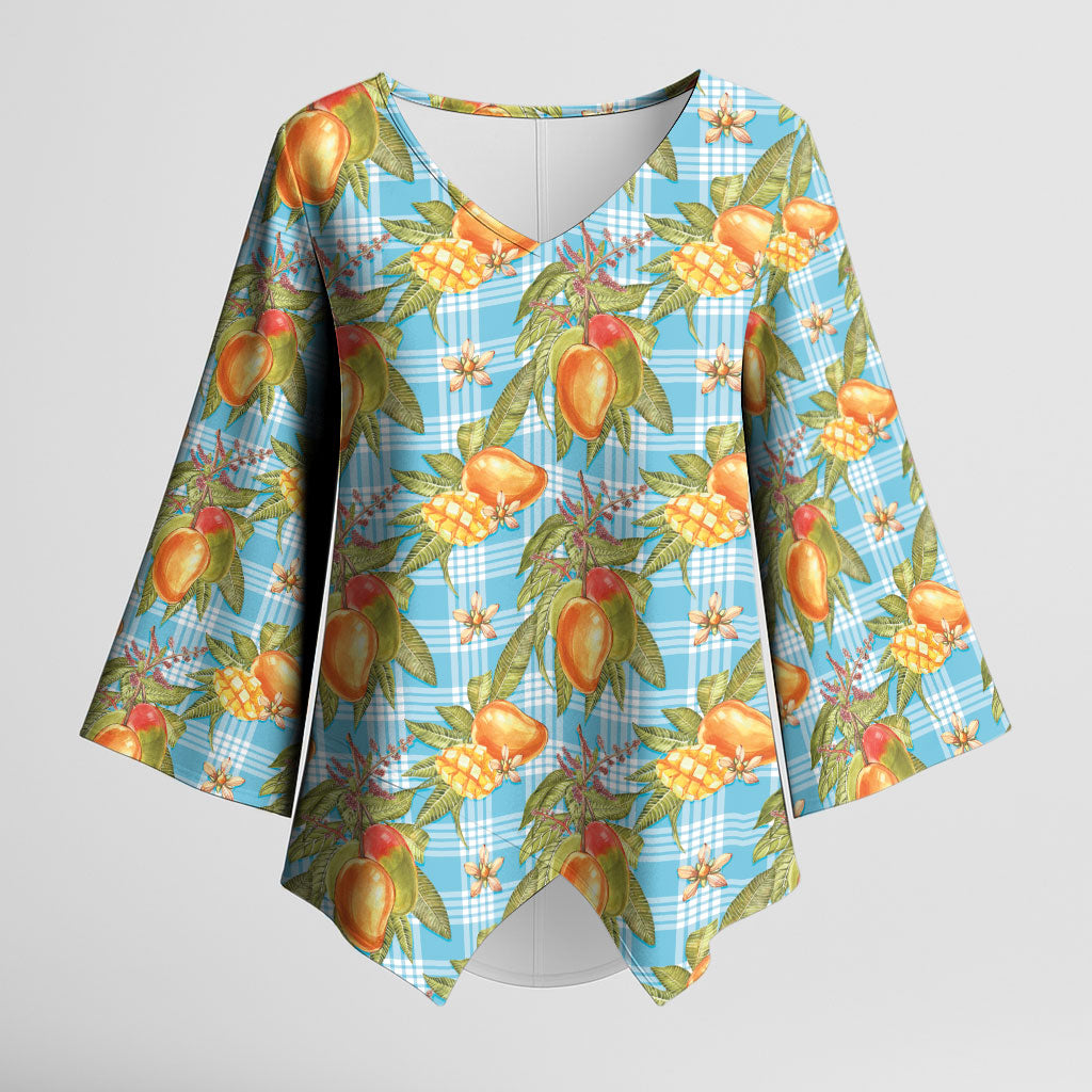 Vintage Hawaii Mango Kimono Sleeve Blouse Blue Hawaiian Palaka
