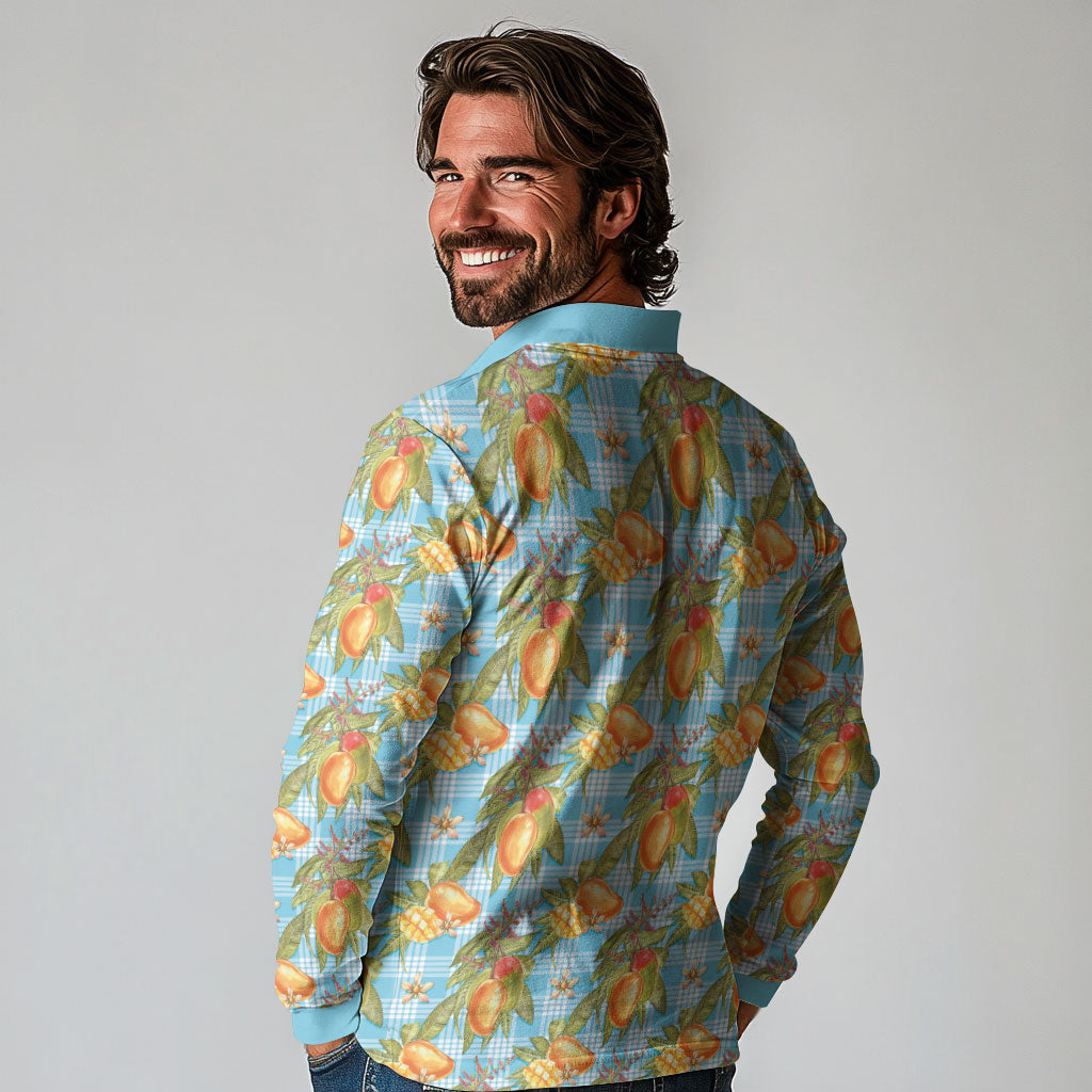 Vintage Hawaii Mango Long Sleeve Polo Shirt Blue Hawaiian Palaka