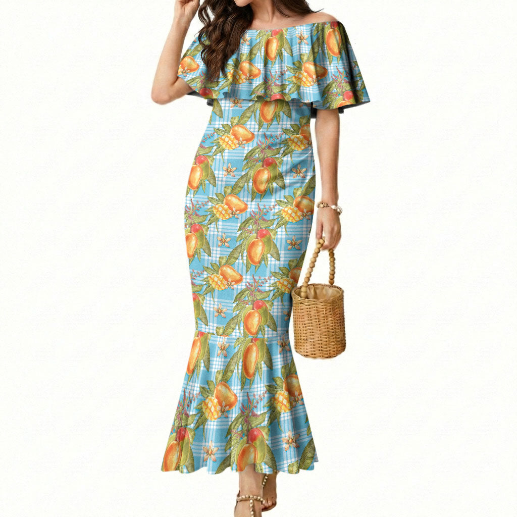 Vintage Hawaii Mango Mermaid Dress Blue Hawaiian Palaka