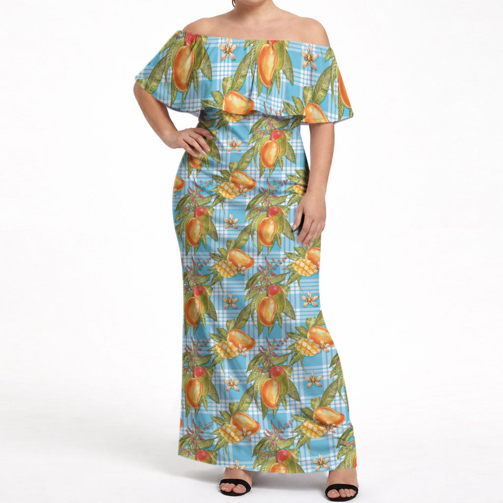 Vintage Hawaii Mango Off Shoulder Maxi Dress Blue Hawaiian Palaka