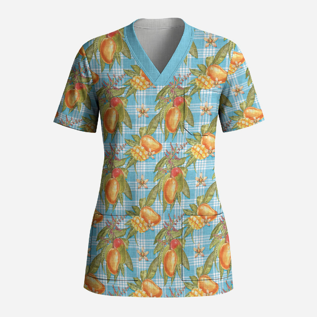 Vintage Hawaii Mango Scrub Top Blue Hawaiian Palaka