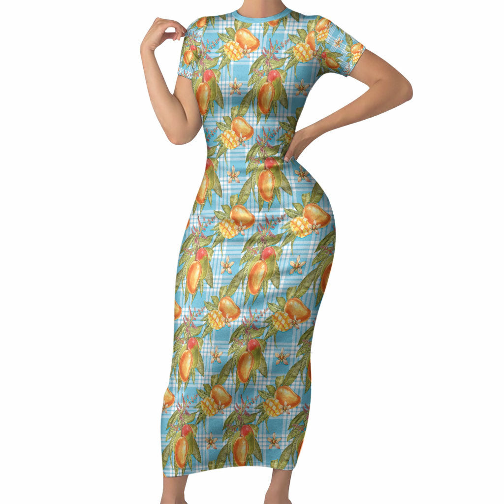 Vintage Hawaii Mango Short Sleeve Bodycon Dress Blue Hawaiian Palaka
