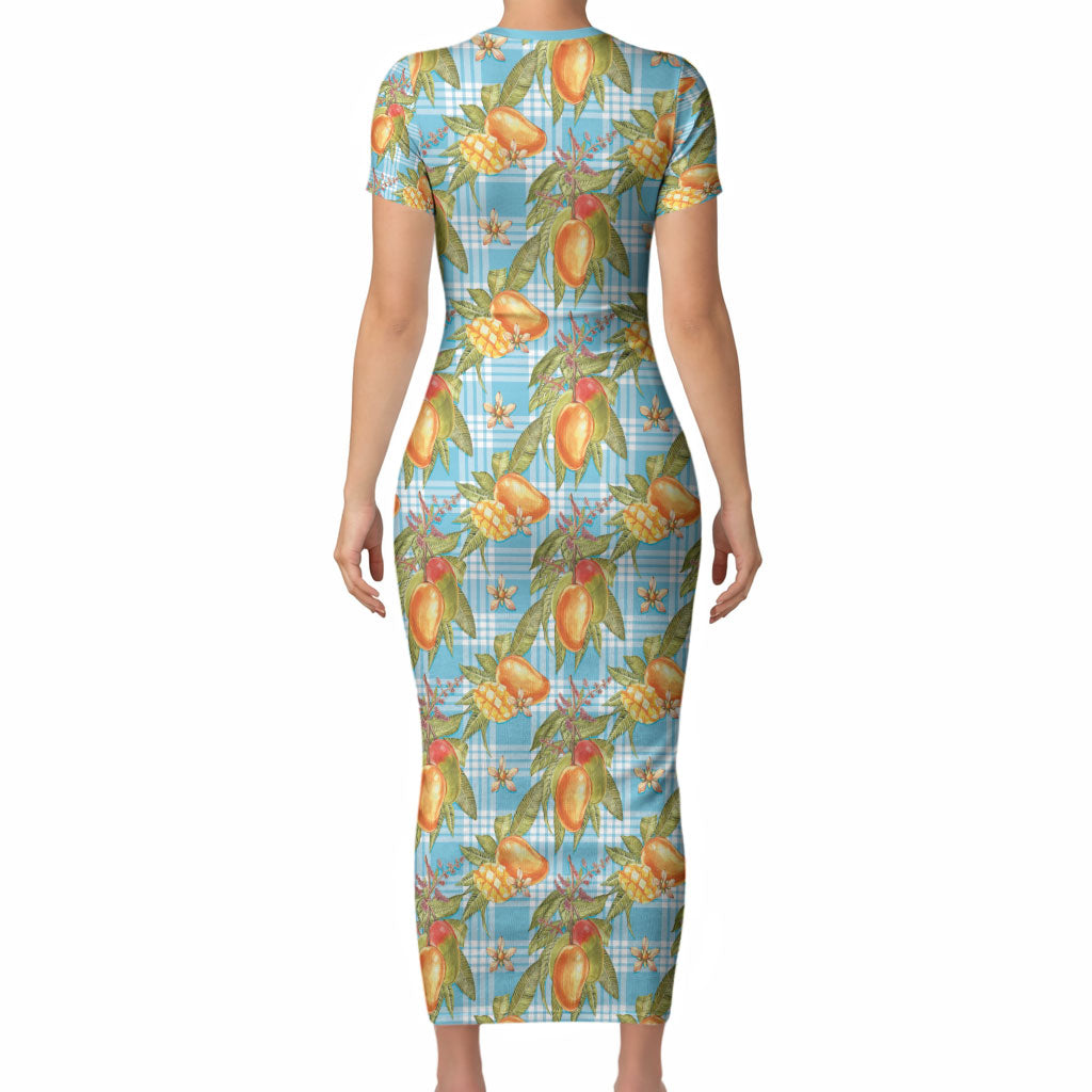 Vintage Hawaii Mango Short Sleeve Bodycon Dress Blue Hawaiian Palaka
