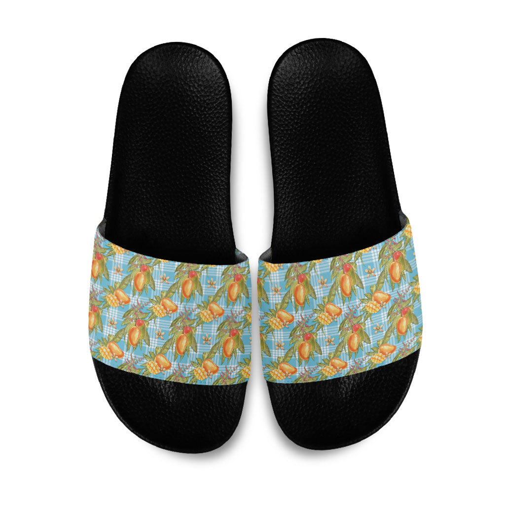 Vintage Hawaii Mango Slide Sandals Blue Hawaiian Palaka