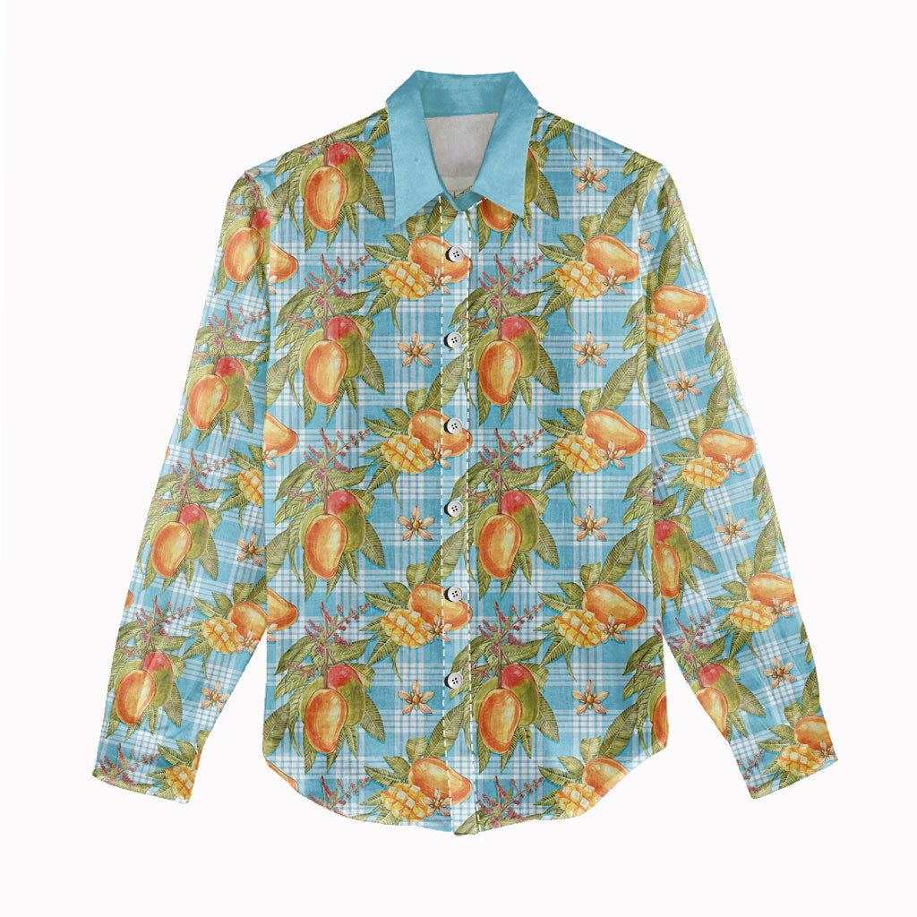 Vintage Hawaii Mango Women Casual Shirt Blue Hawaiian Palaka