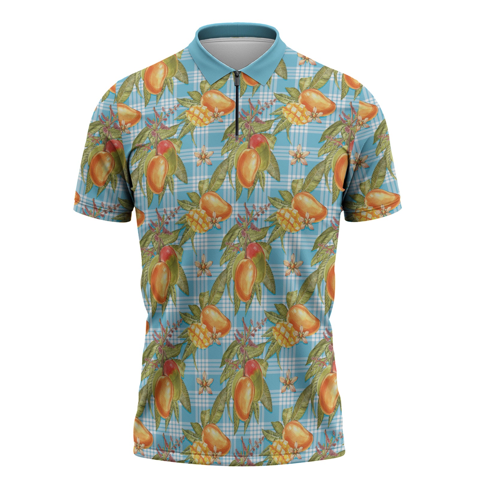 Vintage Hawaii Mango Zipper Polo Shirt Blue Hawaiian Palaka