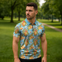 Vintage Hawaii Mango Zipper Polo Shirt Blue Hawaiian Palaka
