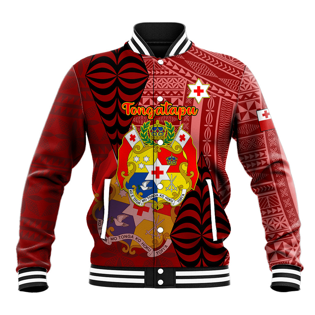 Personalized Tonga Baseball Jacket Coat Of Arms Tongatapu With Ngatu Pattern LT05 Unisex Red - Polynesian Pride