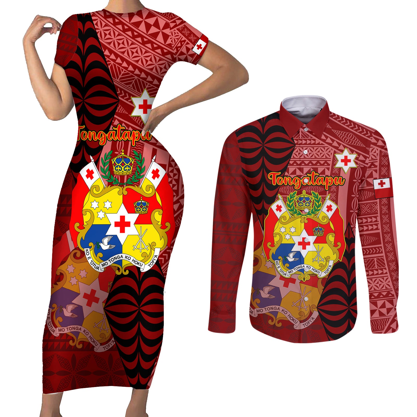 Personalized Tonga Couples Matching Short Sleeve Bodycon Dress and Long Sleeve Button Shirts Coat Of Arms Tongatapu With Ngatu Pattern LT05 Red - Polynesian Pride
