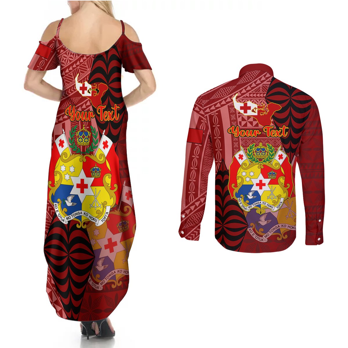 Personalized Tonga Couples Matching Summer Maxi Dress and Long Sleeve Button Shirts Coat Of Arms Tongatapu With Ngatu Pattern LT05 - Polynesian Pride