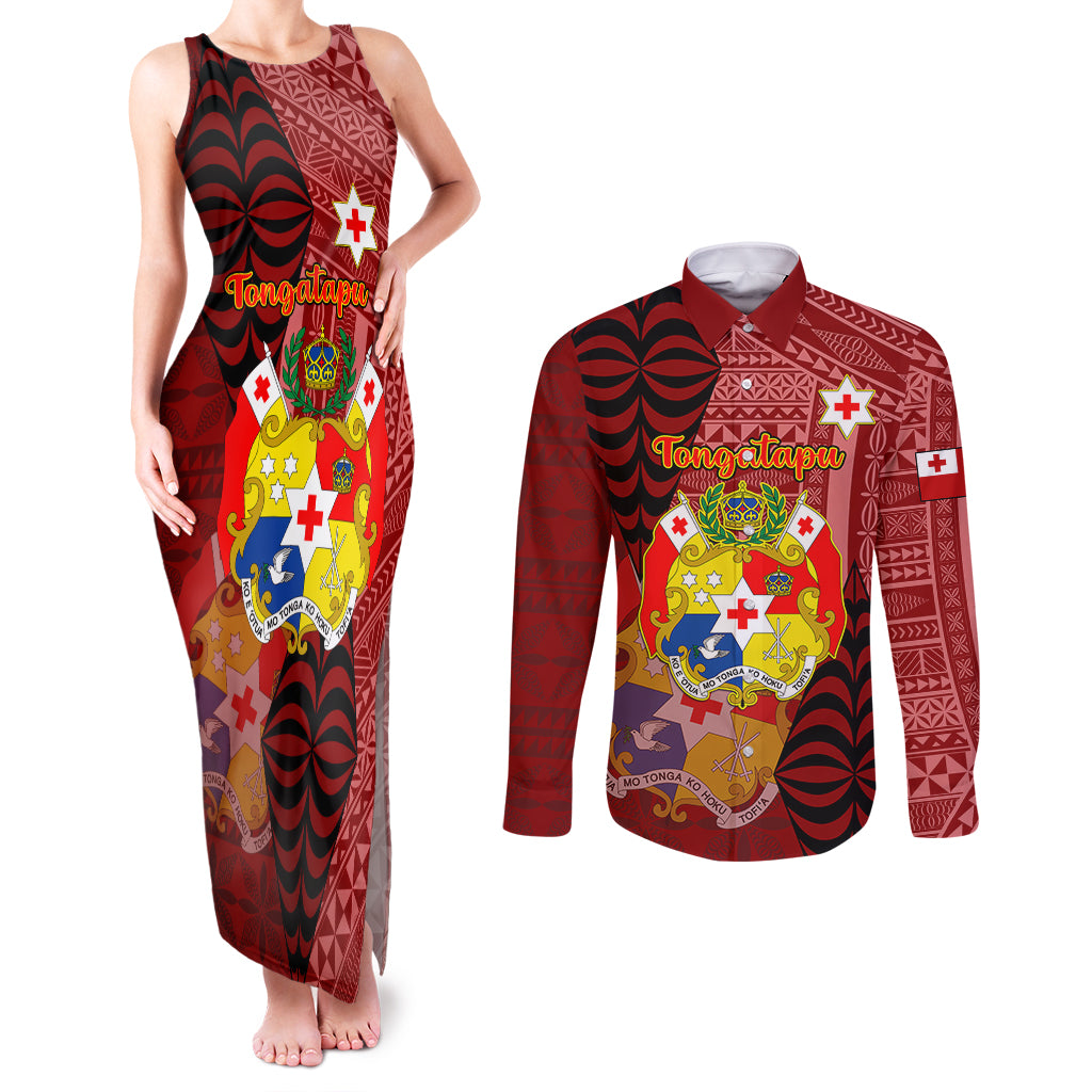 Personalized Tonga Couples Matching Tank Maxi Dress and Long Sleeve Button Shirts Coat Of Arms Tongatapu With Ngatu Pattern LT05 Red - Polynesian Pride