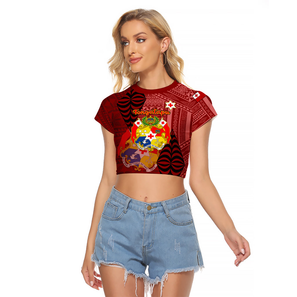 Personalized Tonga Raglan Cropped T Shirt Coat Of Arms Tongatapu With Ngatu Pattern LT05 Female Red - Polynesian Pride