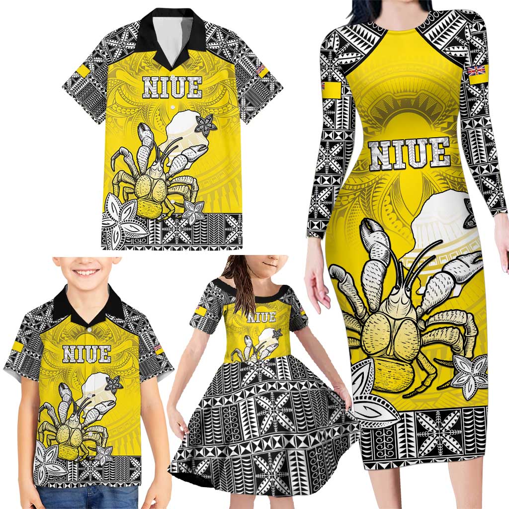 Personalised Happy Niue Constitution Day Family Matching Long Sleeve Bodycon Dress and Hawaiian Shirt Niuean Crab Hiapo Pattern Yellow Version LT05 - Polynesian Pride