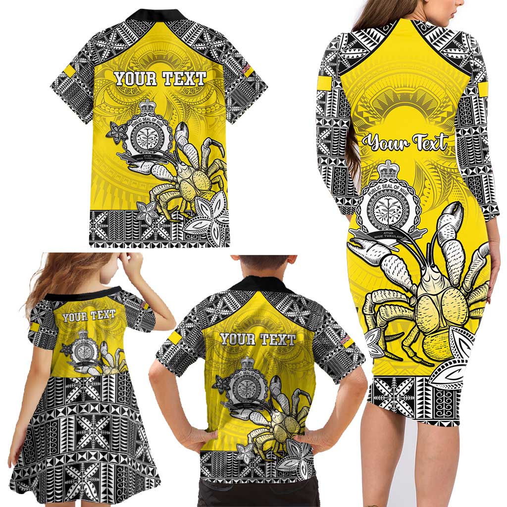 Personalised Happy Niue Constitution Day Family Matching Long Sleeve Bodycon Dress and Hawaiian Shirt Niuean Crab Hiapo Pattern Yellow Version LT05 - Polynesian Pride