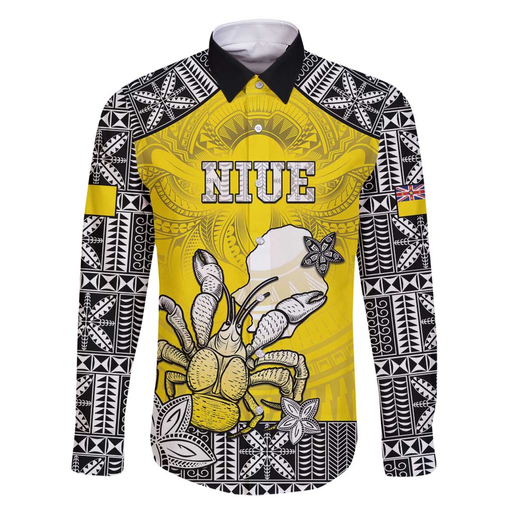 Personalised Happy Niue Constitution Day Family Matching Long Sleeve Bodycon Dress and Hawaiian Shirt Niuean Crab Hiapo Pattern Yellow Version LT05 Dad's Shirt - Long Sleeve Yellow - Polynesian Pride