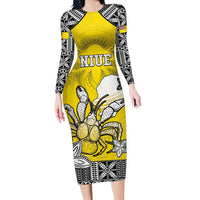 Personalised Happy Niue Constitution Day Family Matching Long Sleeve Bodycon Dress and Hawaiian Shirt Niuean Crab Hiapo Pattern Yellow Version LT05 Mom's Dress Yellow - Polynesian Pride