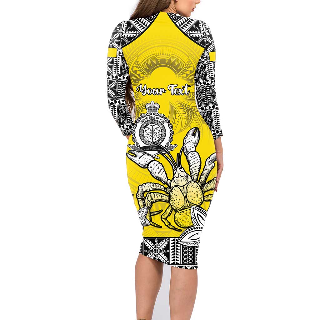 Personalised Happy Niue Constitution Day Family Matching Long Sleeve Bodycon Dress and Hawaiian Shirt Niuean Crab Hiapo Pattern Yellow Version LT05 - Polynesian Pride