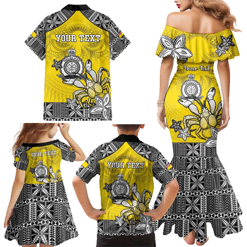 Personalised Happy Niue Constitution Day Family Matching Mermaid Dress and Hawaiian Shirt Niuean Crab Hiapo Pattern Yellow Version LT05 - Polynesian Pride