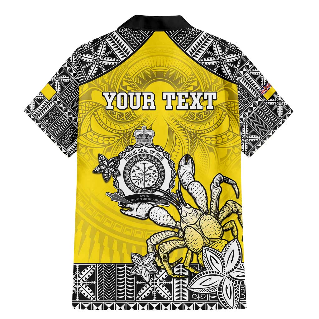 Personalised Happy Niue Constitution Day Family Matching Mermaid Dress and Hawaiian Shirt Niuean Crab Hiapo Pattern Yellow Version LT05 - Polynesian Pride
