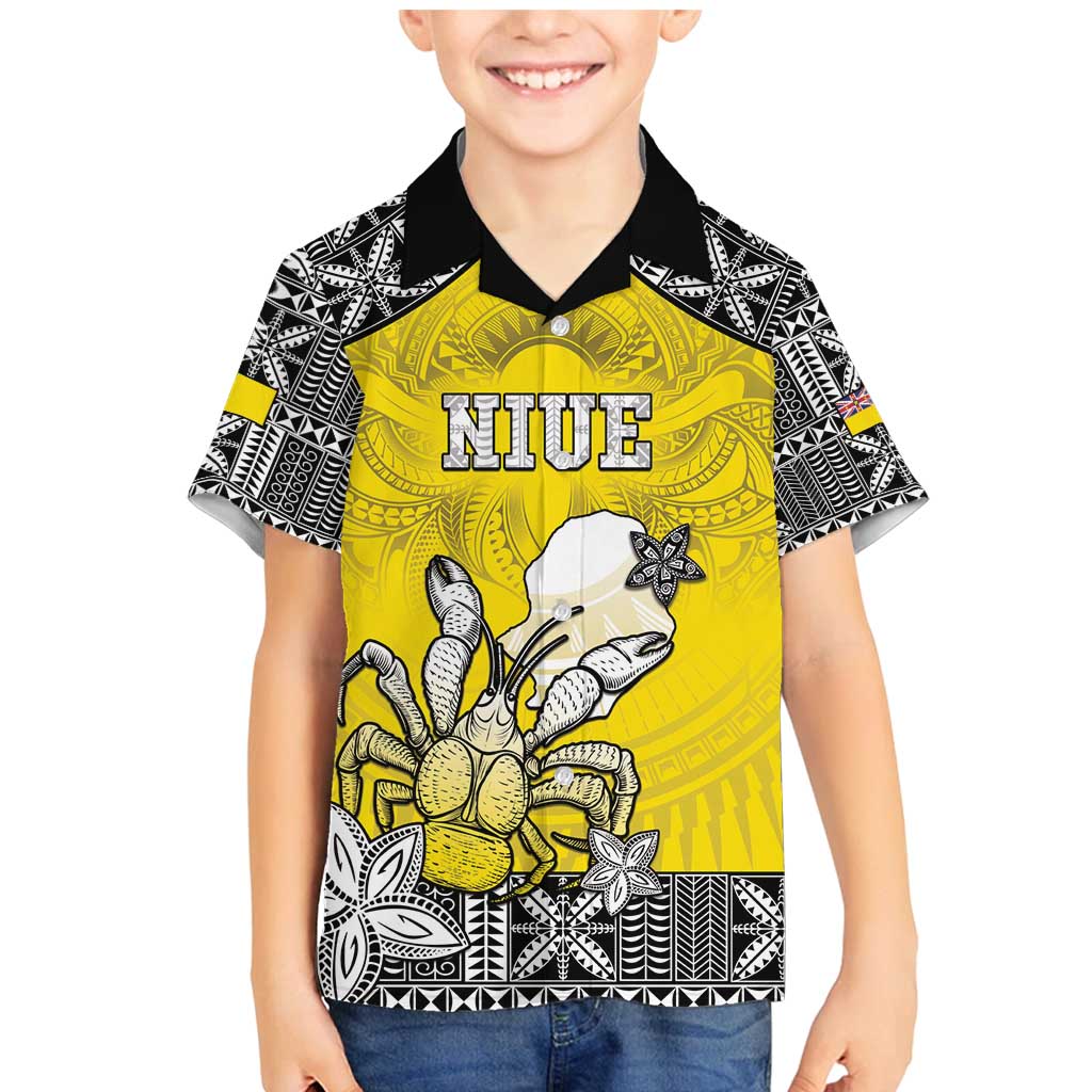 Personalised Happy Niue Constitution Day Family Matching Mermaid Dress and Hawaiian Shirt Niuean Crab Hiapo Pattern Yellow Version LT05 Son's Shirt Yellow - Polynesian Pride