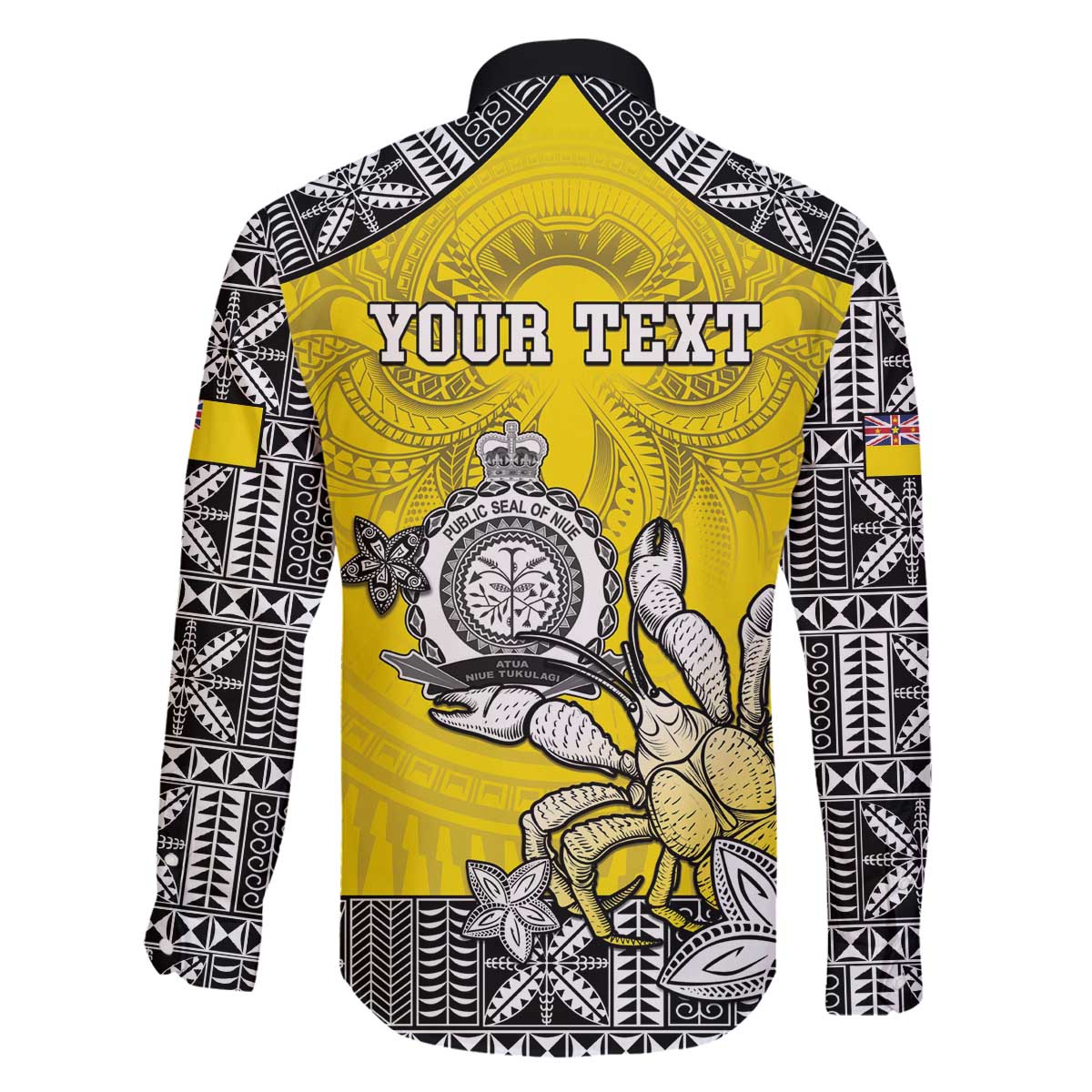 Personalised Happy Niue Constitution Day Family Matching Off The Shoulder Long Sleeve Dress and Hawaiian Shirt Niuean Crab Hiapo Pattern Yellow Version LT05 - Polynesian Pride