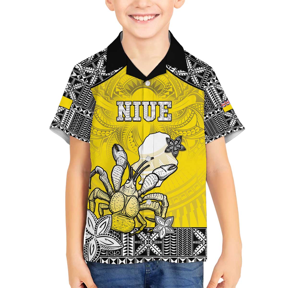 Personalised Happy Niue Constitution Day Family Matching Off The Shoulder Long Sleeve Dress and Hawaiian Shirt Niuean Crab Hiapo Pattern Yellow Version LT05 Son's Shirt Yellow - Polynesian Pride