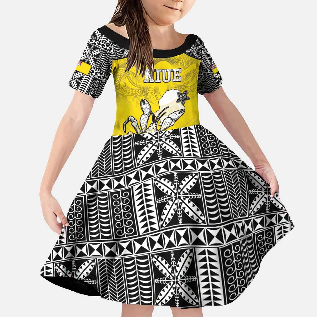 Personalised Happy Niue Constitution Day Family Matching Off Shoulder Maxi Dress and Hawaiian Shirt Niuean Crab Hiapo Pattern Yellow Version LT05 Daughter's Dress Yellow - Polynesian Pride