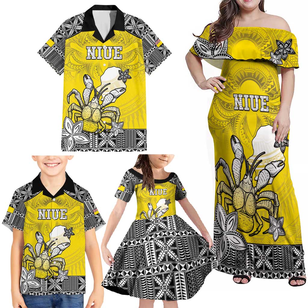 Personalised Happy Niue Constitution Day Family Matching Off Shoulder Maxi Dress and Hawaiian Shirt Niuean Crab Hiapo Pattern Yellow Version LT05 - Polynesian Pride