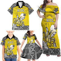 Personalised Happy Niue Constitution Day Family Matching Off Shoulder Maxi Dress and Hawaiian Shirt Niuean Crab Hiapo Pattern Yellow Version LT05 - Polynesian Pride