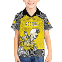 Personalised Happy Niue Constitution Day Family Matching Off Shoulder Maxi Dress and Hawaiian Shirt Niuean Crab Hiapo Pattern Yellow Version LT05 Son's Shirt Yellow - Polynesian Pride