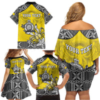 Personalised Happy Niue Constitution Day Family Matching Off Shoulder Short Dress and Hawaiian Shirt Niuean Crab Hiapo Pattern Yellow Version LT05 - Polynesian Pride