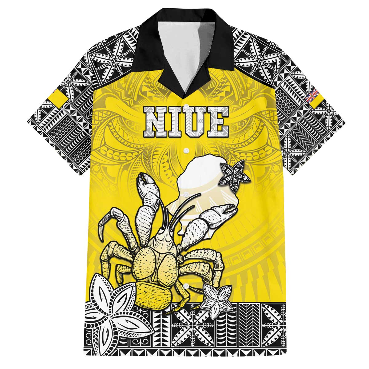 Personalised Happy Niue Constitution Day Family Matching Off Shoulder Short Dress and Hawaiian Shirt Niuean Crab Hiapo Pattern Yellow Version LT05 Dad's Shirt - Short Sleeve Yellow - Polynesian Pride