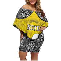 Personalised Happy Niue Constitution Day Family Matching Off Shoulder Short Dress and Hawaiian Shirt Niuean Crab Hiapo Pattern Yellow Version LT05 Mom's Dress Yellow - Polynesian Pride