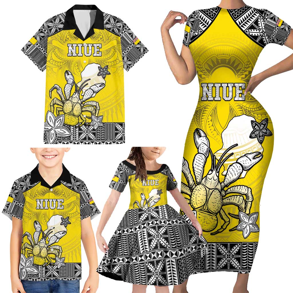 Personalised Happy Niue Constitution Day Family Matching Short Sleeve Bodycon Dress and Hawaiian Shirt Niuean Crab Hiapo Pattern Yellow Version LT05 - Polynesian Pride