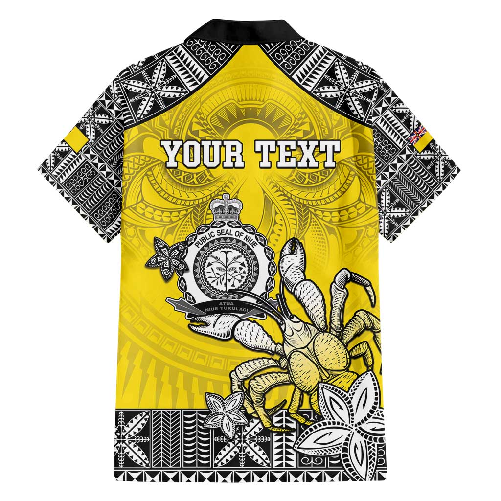 Personalised Happy Niue Constitution Day Family Matching Short Sleeve Bodycon Dress and Hawaiian Shirt Niuean Crab Hiapo Pattern Yellow Version LT05 - Polynesian Pride