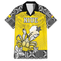 Personalised Happy Niue Constitution Day Family Matching Summer Maxi Dress and Hawaiian Shirt Niuean Crab Hiapo Pattern Yellow Version LT05 Dad's Shirt - Short Sleeve Yellow - Polynesian Pride