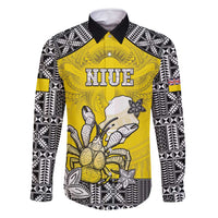 Personalised Happy Niue Constitution Day Family Matching Summer Maxi Dress and Hawaiian Shirt Niuean Crab Hiapo Pattern Yellow Version LT05 Dad's Shirt - Long Sleeve Yellow - Polynesian Pride