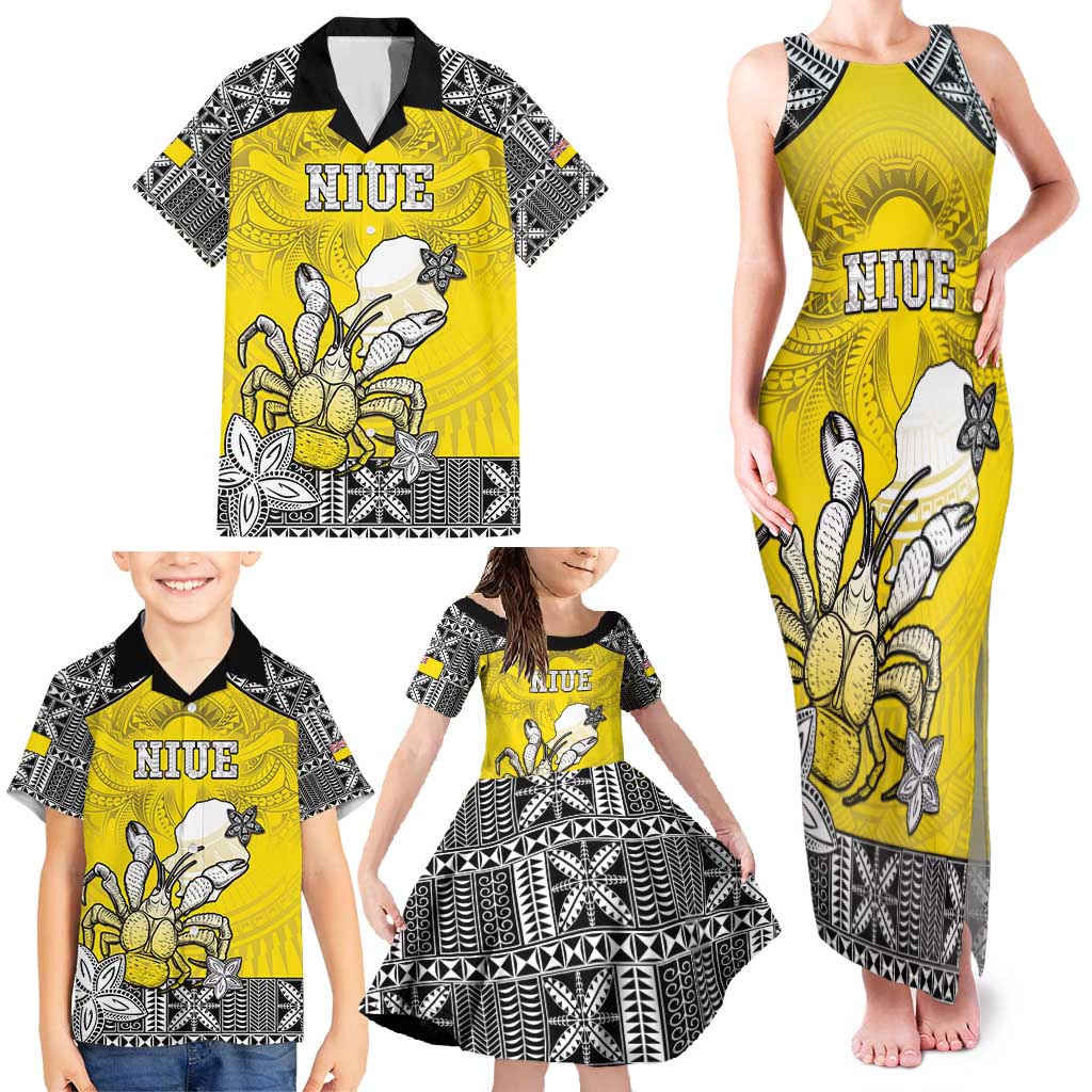 Personalised Happy Niue Constitution Day Family Matching Tank Maxi Dress and Hawaiian Shirt Niuean Crab Hiapo Pattern Yellow Version LT05 - Polynesian Pride