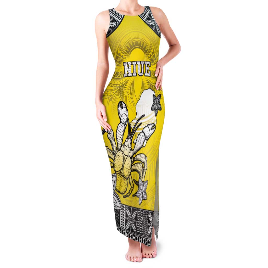 Personalised Happy Niue Constitution Day Family Matching Tank Maxi Dress and Hawaiian Shirt Niuean Crab Hiapo Pattern Yellow Version LT05 Mom's Dress Yellow - Polynesian Pride