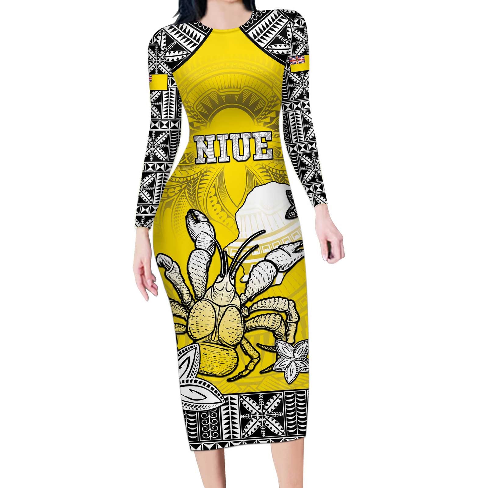 Personalised Happy Niue Constitution Day Long Sleeve Bodycon Dress Niuean Crab Hiapo Pattern Yellow Version