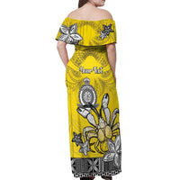 Personalised Happy Niue Constitution Day Off Shoulder Maxi Dress Niuean Crab Hiapo Pattern Yellow Version LT05 - Polynesian Pride