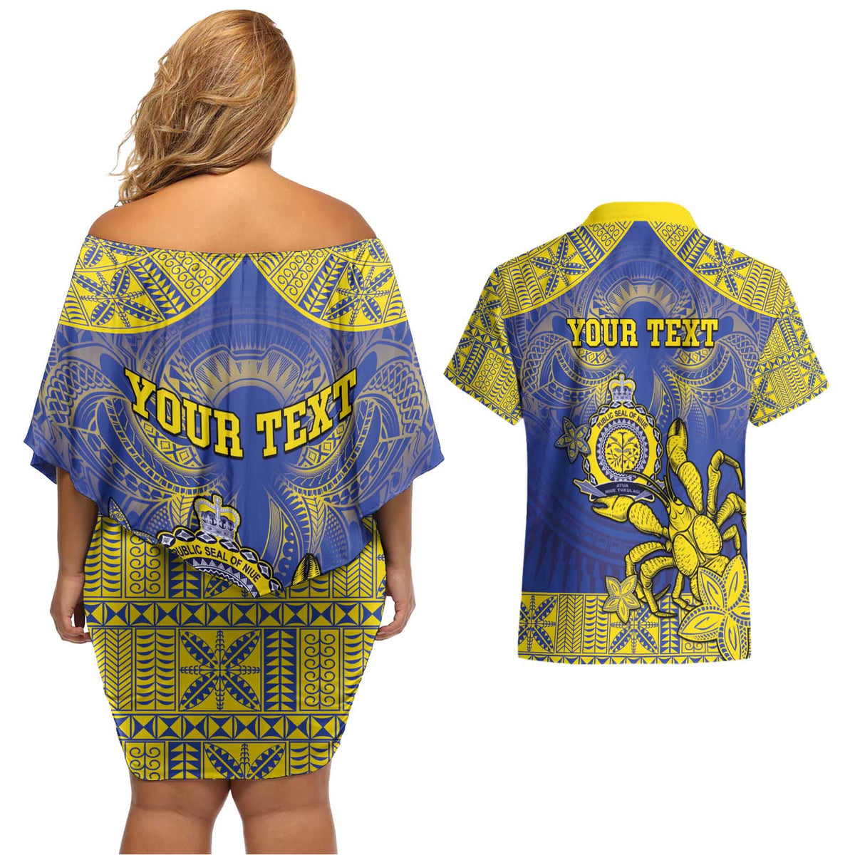 Personalised Niue The Rock Couples Matching Off Shoulder Short Dress and Hawaiian Shirt Niuean Crab Hiapo Pattern Blue Version